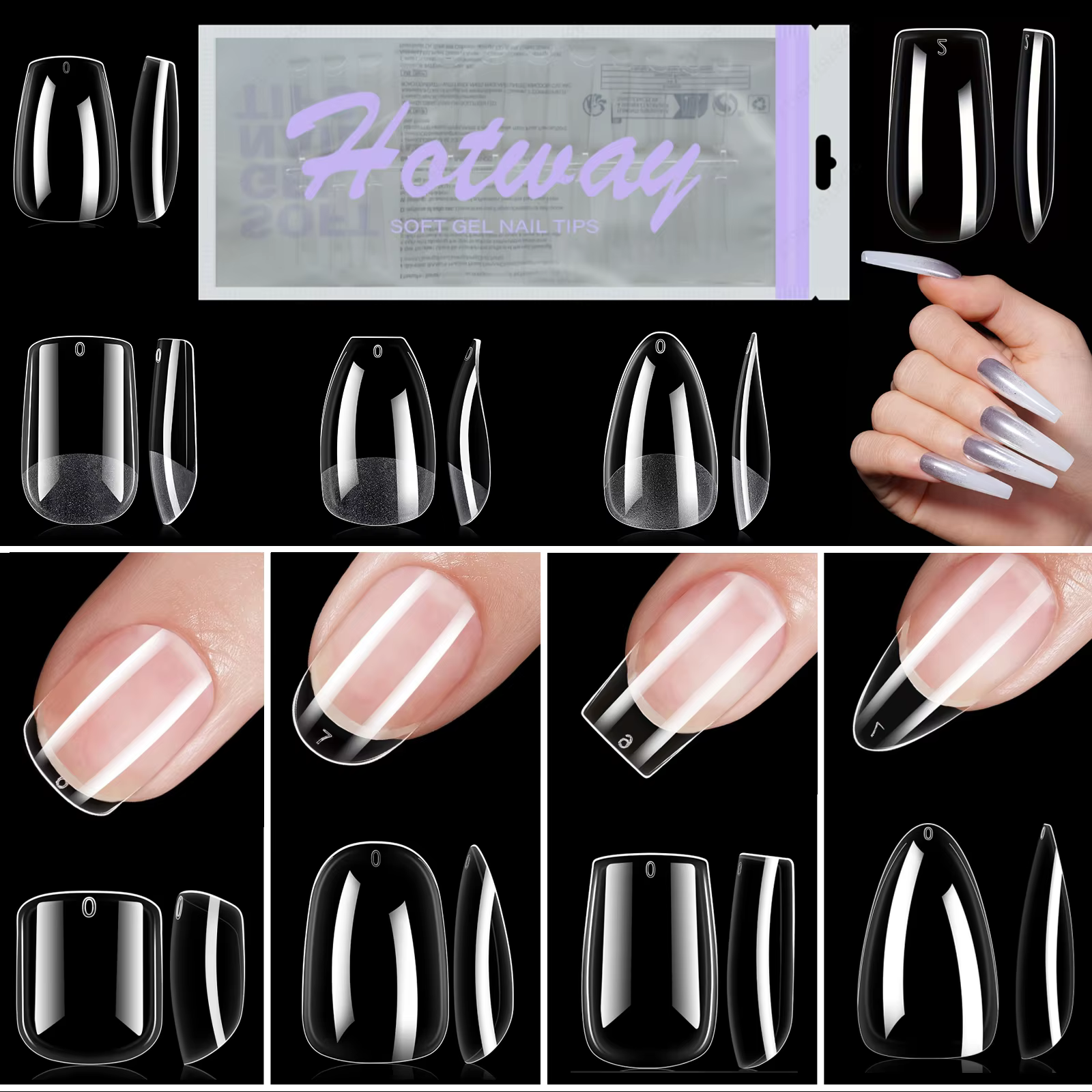 192 morceaux de faux ongles en acrylique transparent