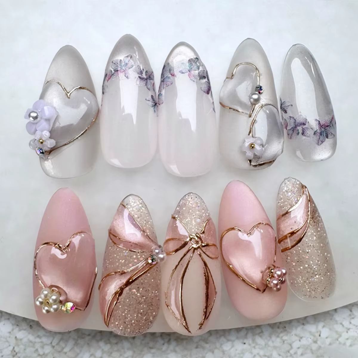 24 pièces rose amande presse sur ongles motif de fleur faux