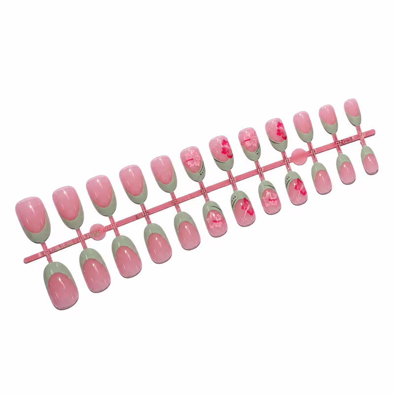 Ongles à presser verts menthe avec petites fleurs rouges, forme ovale nude, populaires en Europe et en Amérique, 24 pièces, capsules d'ongles finies