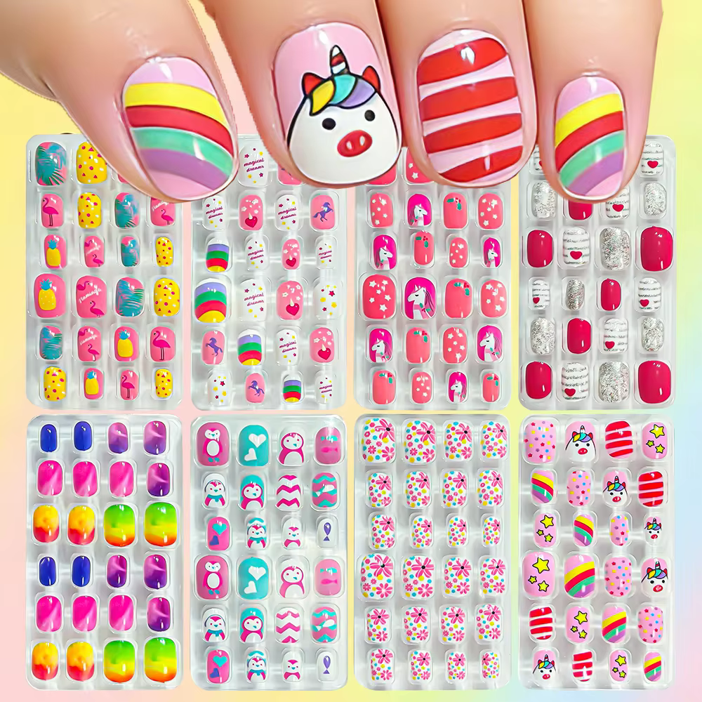 8 boîtes (192 pièces) de faux ongles à presser pour enfants