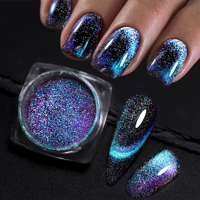 Poudre à ongles magnétique réfléchissante noir bleu caméléon paillettes poussière métallique Chrome brillant Pigment Nail Art manucure décoration bricolage