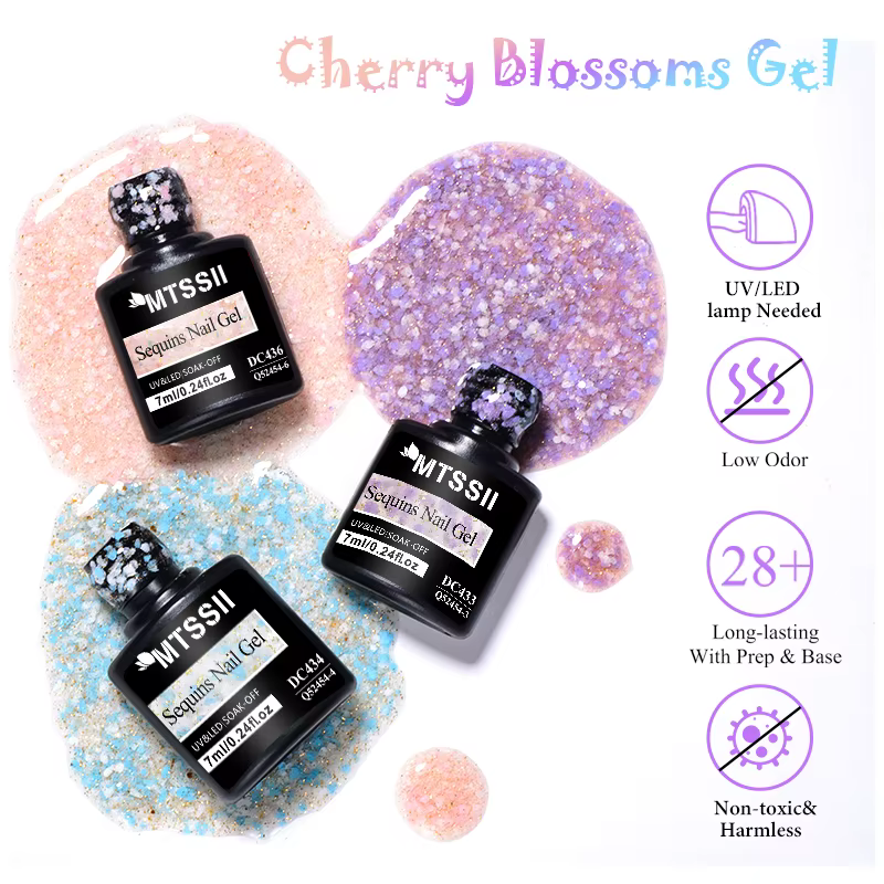 6/8 pièces paillettes fleurs de cerisier Gel vernis à ongles ensemble brillant couleur scintillante Semi Permanant