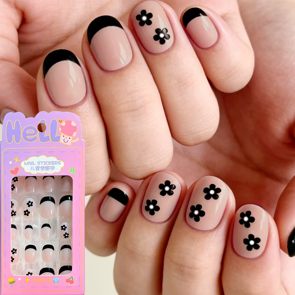 24 pièces/boîte Faux ongles en gel noirs et roses à fleurs pour filles