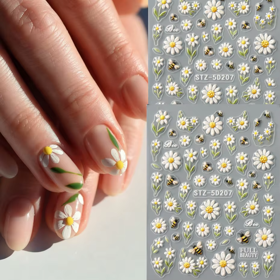 Autocollants pour ongles floraux adorables avec motif abeilles