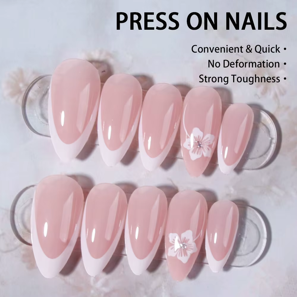Transformez vos ongles avec, 24 pièces de fleurs blanches, ongles à pression en amande française, adaptés parfaitement et au design de longueur moyenne, faux na en acrylique