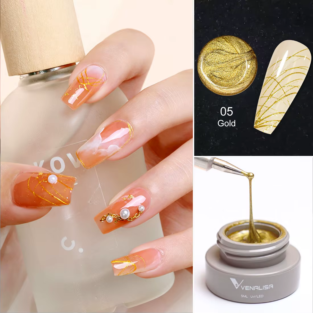 VENALISA Spider Gel Web Vernis Peinture Liner Soak Off UV LED Nowipe Ongles Manucure Noir Blanc Rose Or Argent Couleur Laque