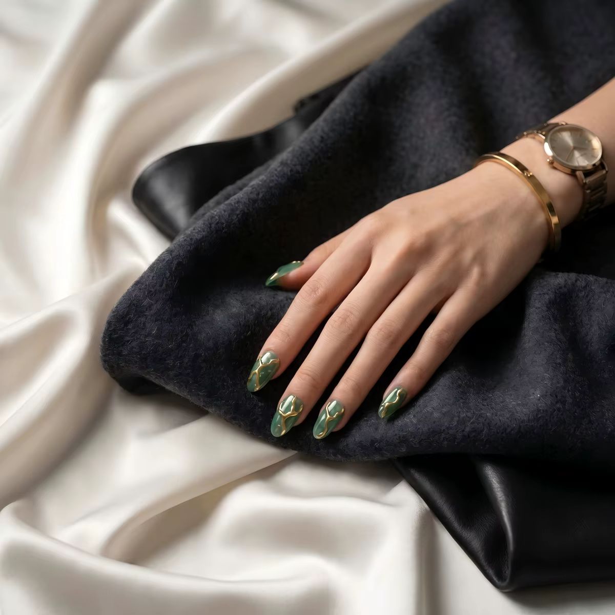 Faux Ongles Press-On Faits Main Amande Vert Émeraude Jade avec Veines Dorées 3D