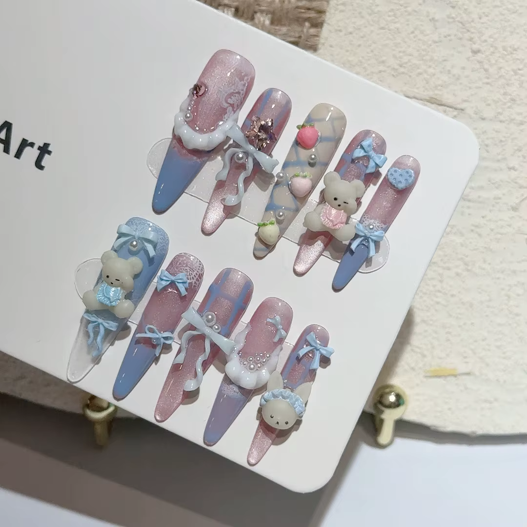 10 pièces pouding petit ours presse sur ongles à la main mignon bleu Style français nœuds papillon doux faux