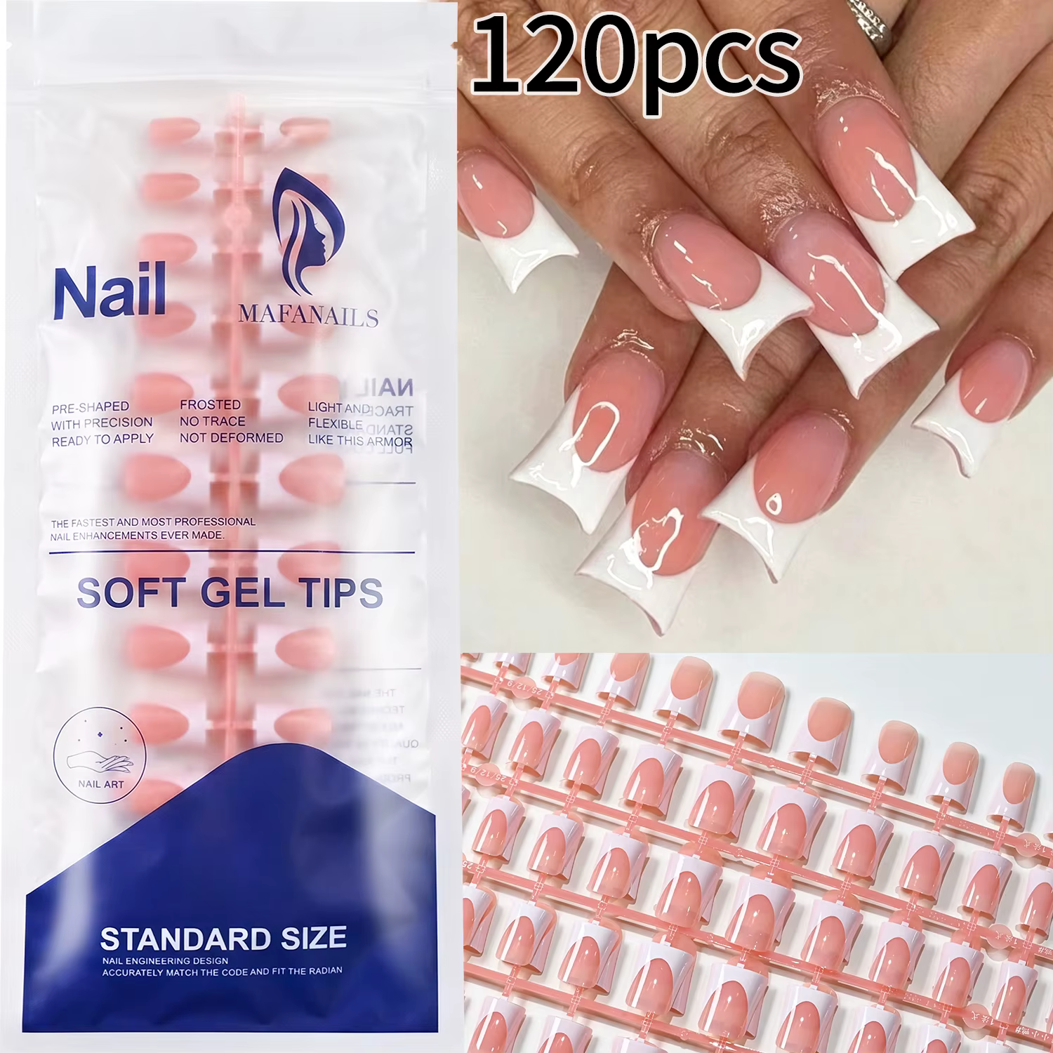 120 faux ongles blancs en forme de bec de canard, longueur moyenne, couleur nude, à presser, élégants et portables, en acrylique