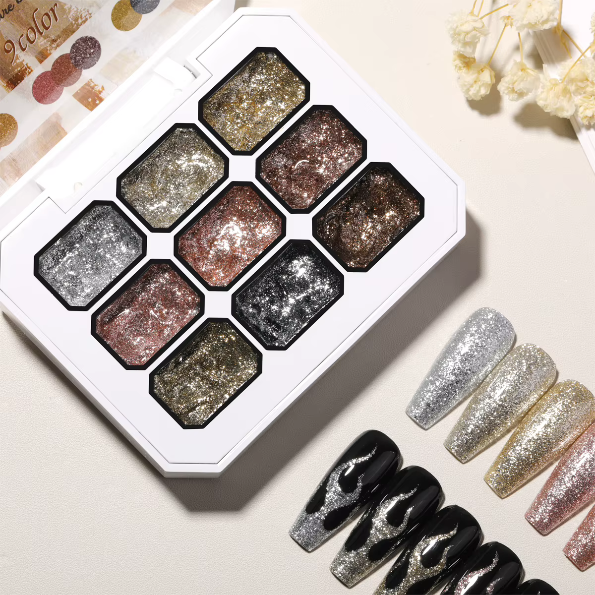 Vernis à ongles solide platine haute densité 9 couleurs métalliques - Gel scintillant pour les contours