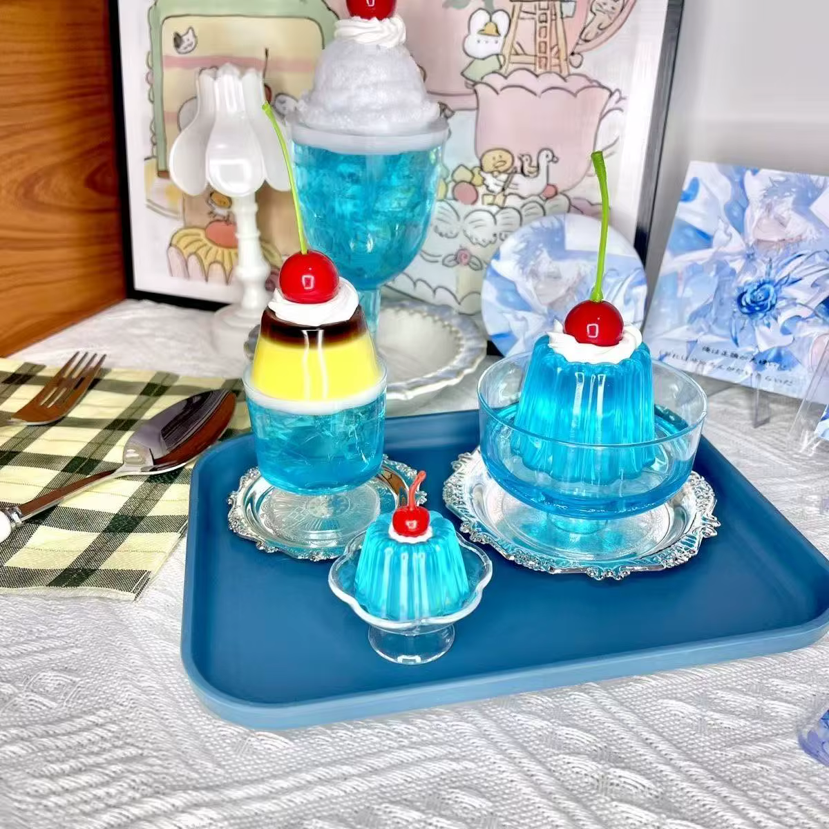 Accessoires photo de pudding simulé, Gumei Blue Bubble Fruit Jelly Pudding, dessert pour fille, décoration de chambre mignonne, ornement, accessoires de décoration, cadeau