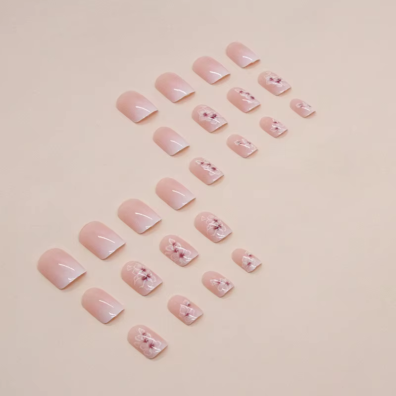 24 pièces d'ongles français courts à fleurs dégradées simples avec 1 colle gelée et 1 lime à ongles