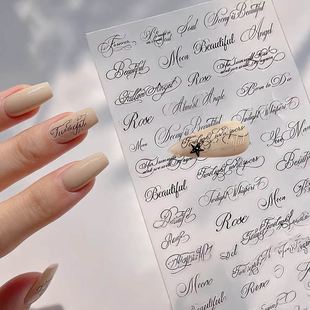 Autocollants pour ongles à motifs lettres anglaises, noir et blanc, style artistique, design manuscrit, décorations de manucure pour fête