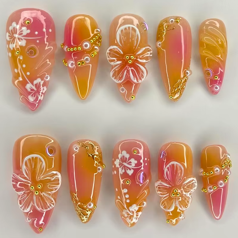 24 pièces or rose fleur presse sur ongles brillant amande automne portable faux