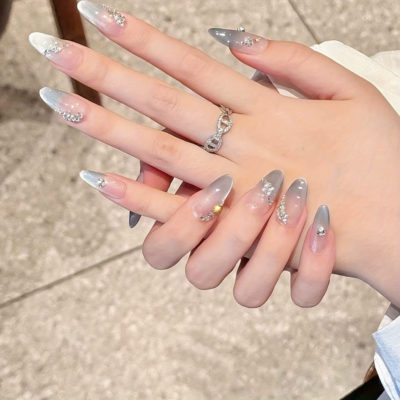 10 pièces haut de gamme lumière luxe argent oeil de chat diamants français faux ongles faits à la main
