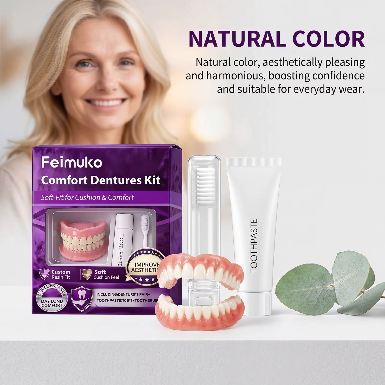Kit de prothèses dentaires confortables, couvre-dents en résine souple, embellissement du sourire, avec dentifrice, brosse à dents, ensemble de soins quotidiens