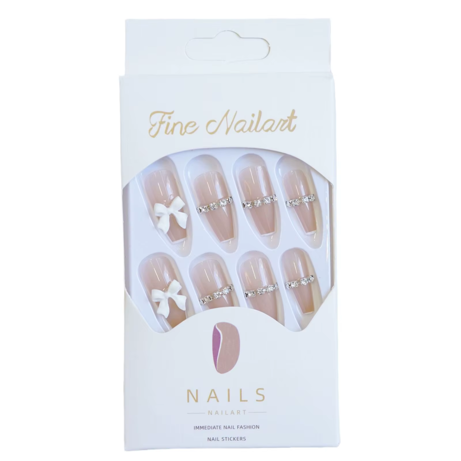 24 pièces/1 boîte de faux ongles courts en T avec chaîne papillon blanche