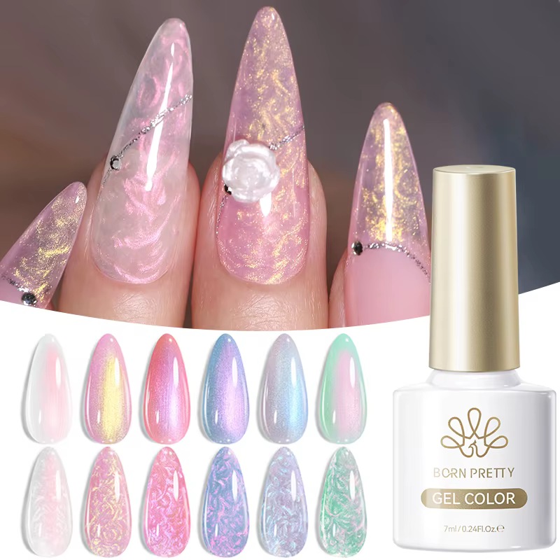 BORN PRETTY Ensemble de 6 vernis à ongles en gel effet coquille d'aurora 7ML Texture perle blanche Semi-permanent Vernis à ongles en gel à retirer par trempage