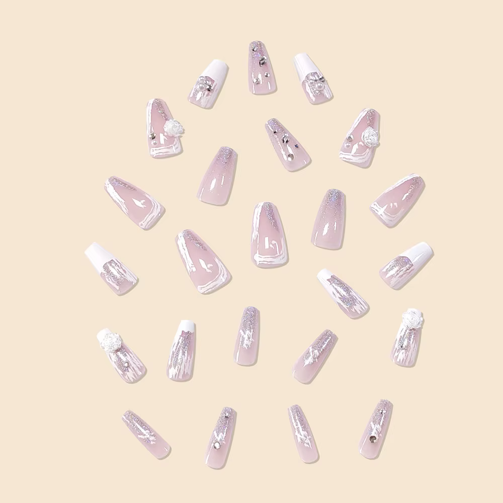 Nouveau femmes filles 24 pièce/ensemble moyen Ballet français blanc camélia pierre décoration couverture complète portable faux ongles presse sur Nail Art