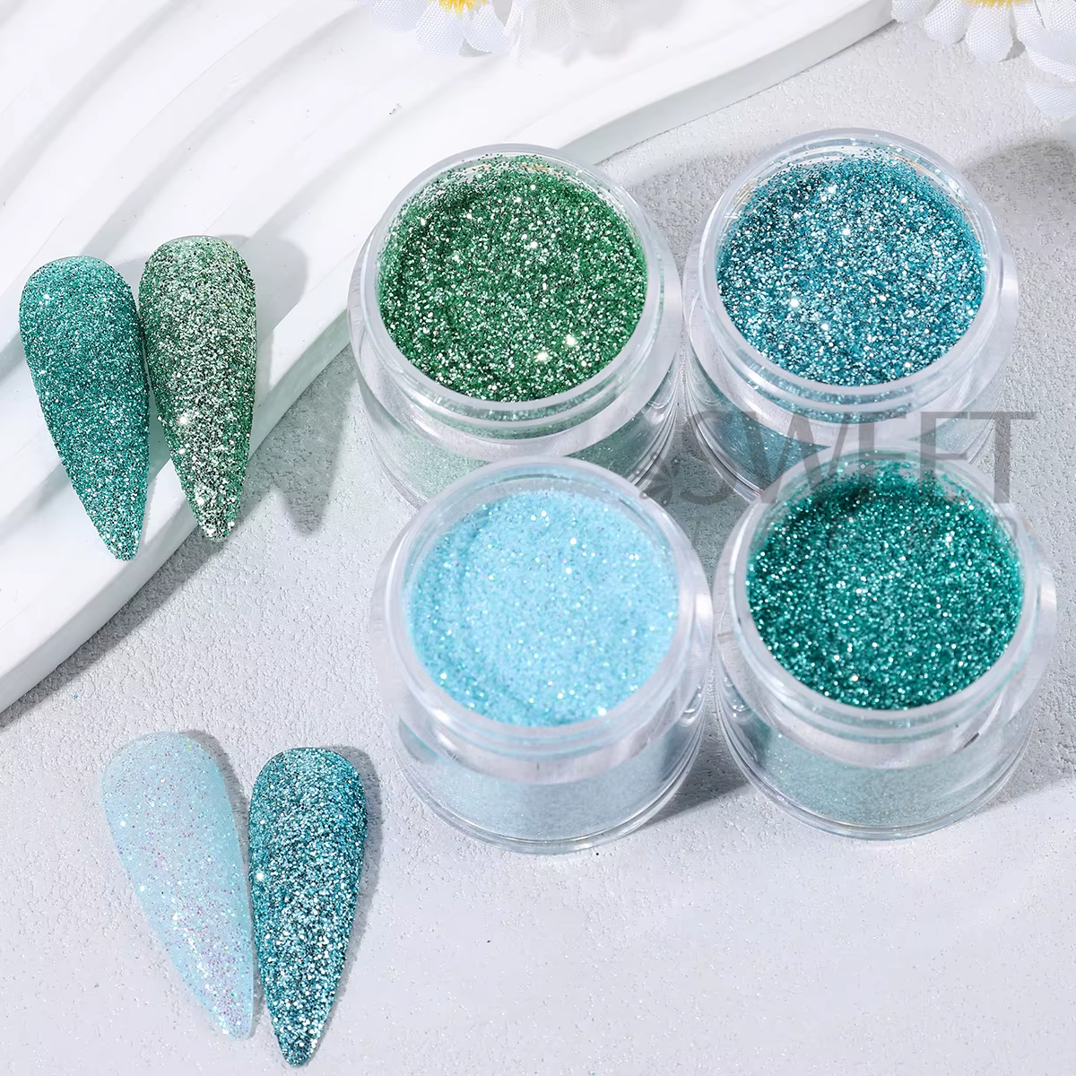 8 Bouteilles de Poudre à Paillettes pour Ongles Série Été Bleu