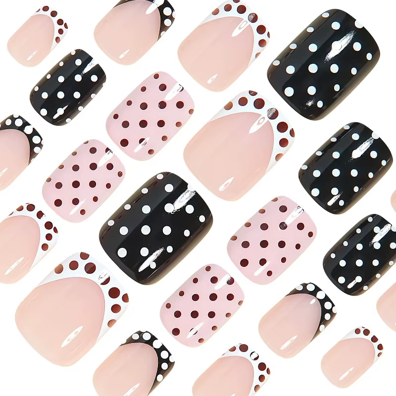 24 faux ongles courts carrés à pois