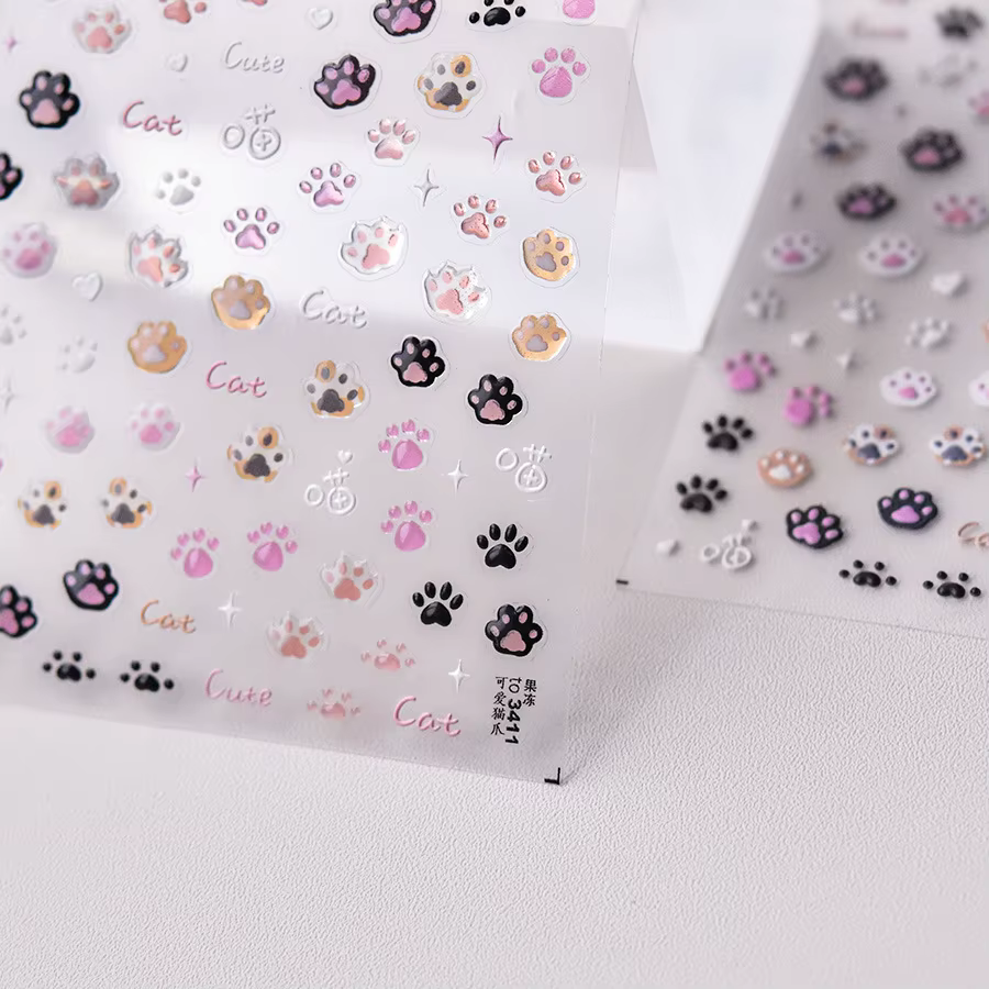 Autocollants pour ongles chat mignon gelée rose patte