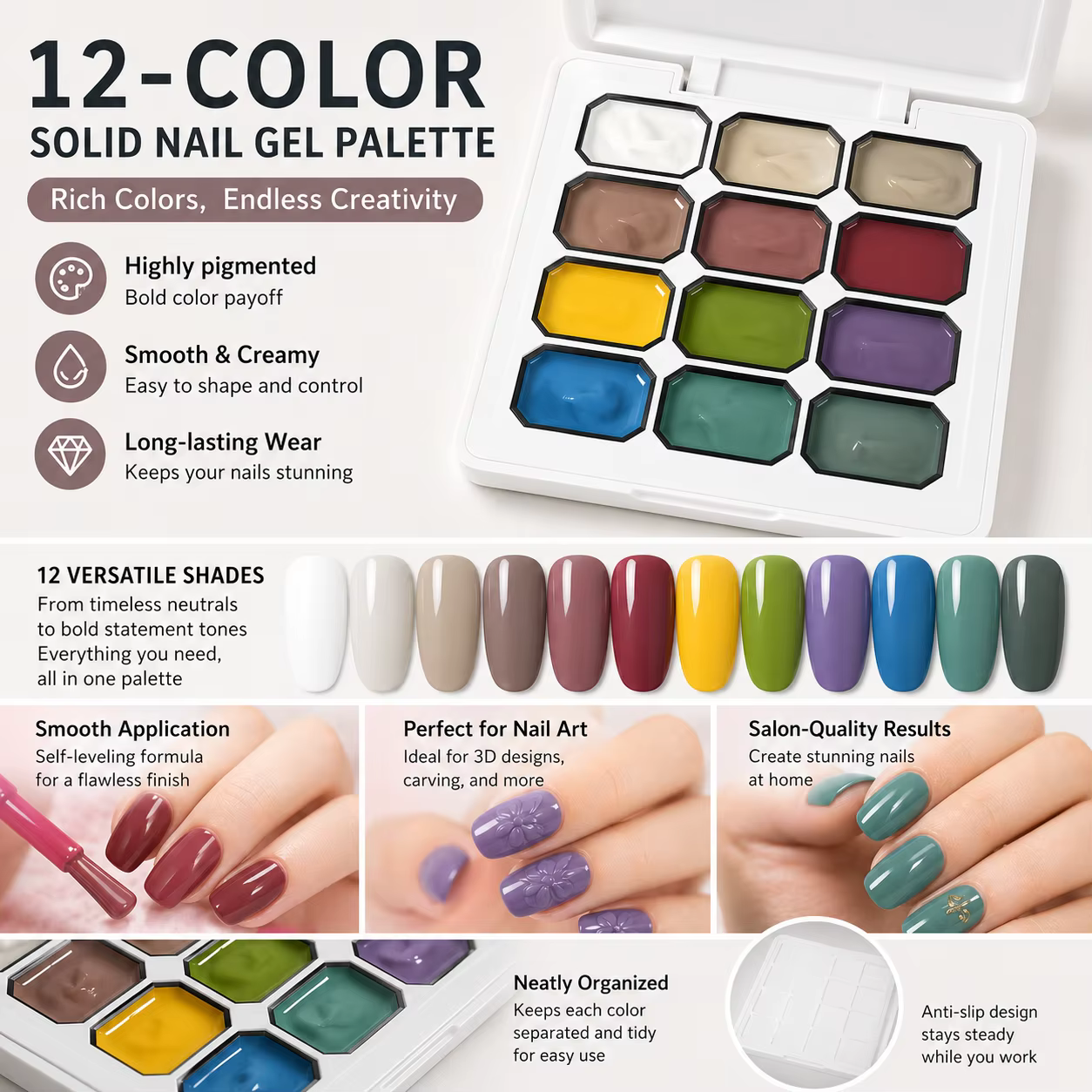Palette de crème gel pour nail art en 12 couleurs | Peinture gel UV hautement pigmentée pour la décoration des ongles |