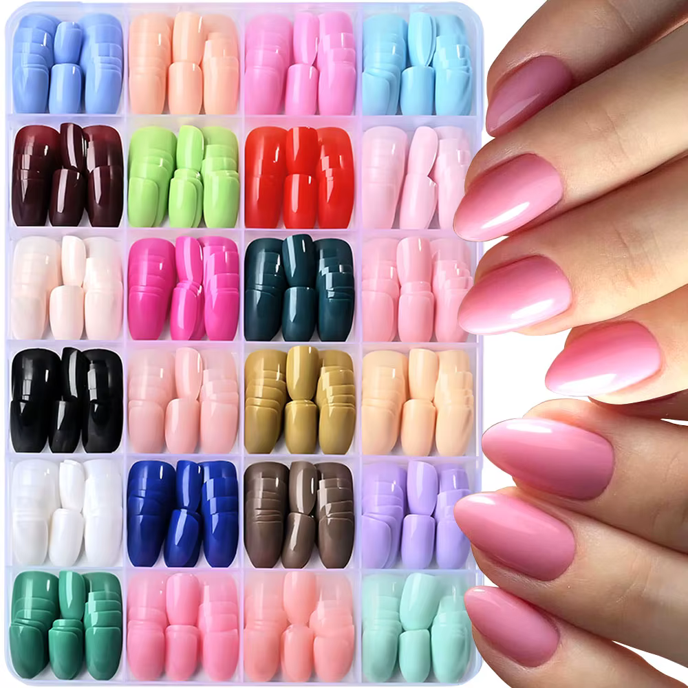 Faux ongles en amande courte 24 couleurs, effet macaron, brillants, faible saturation, vert, rouge, rose, couvrance totale, faux ongles d'été