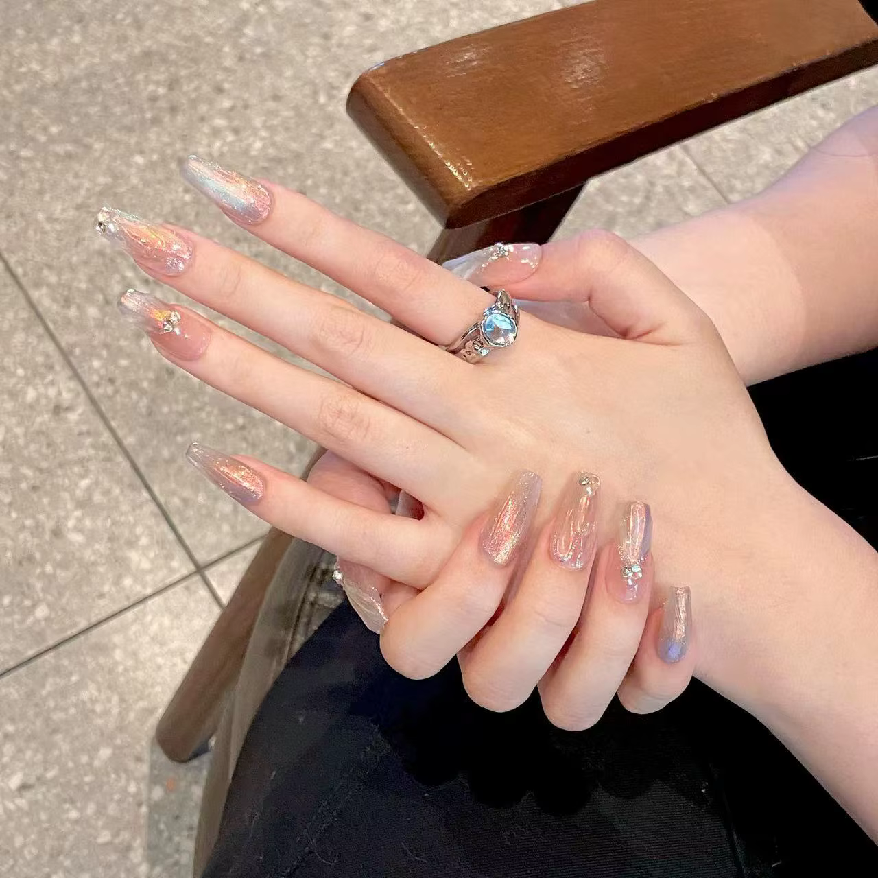10 pièces à la main sirène presse sur ongles paillettes dégradé bleu faux