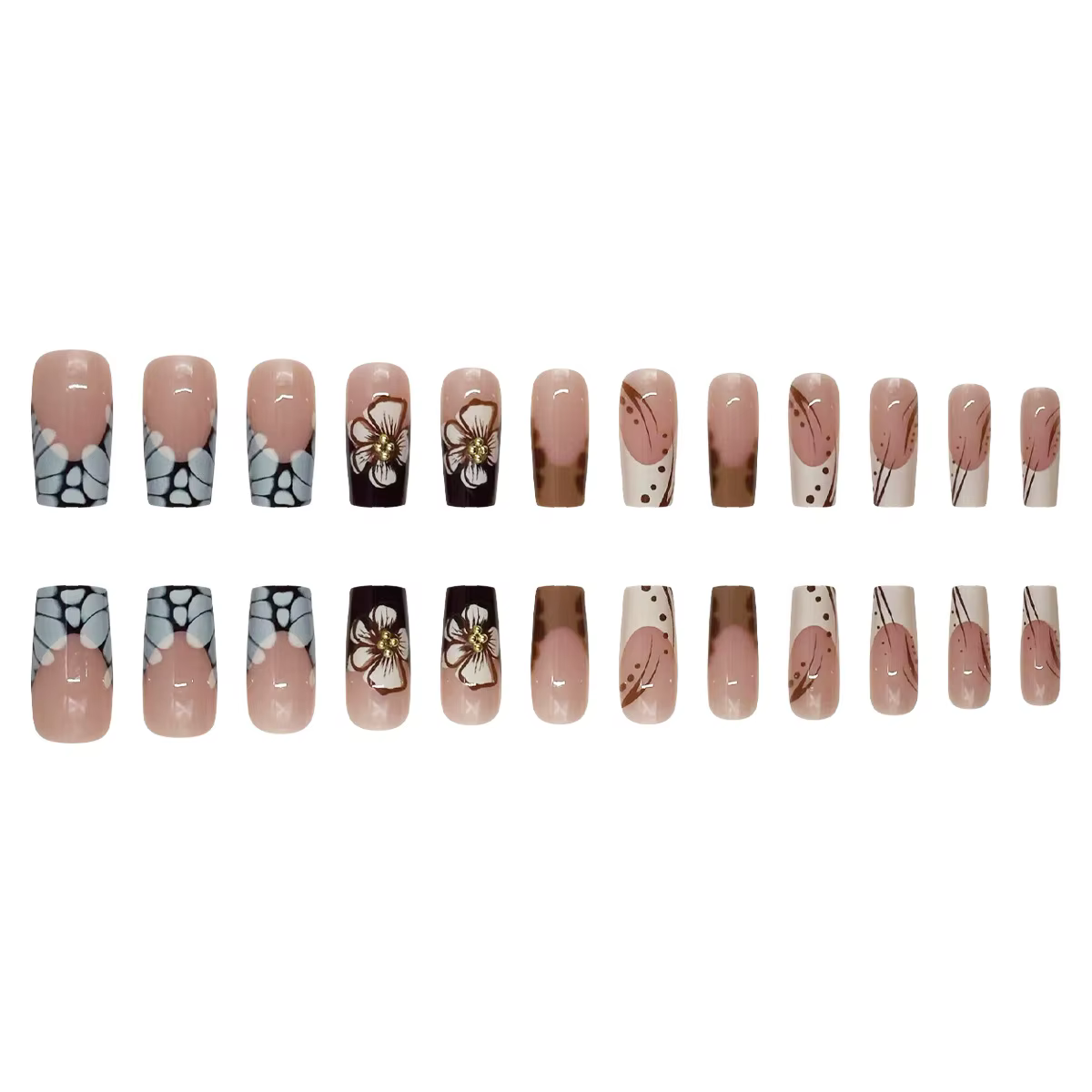 Faux ongles à pression marron carrés moyens avec motifs bâton de fleurs