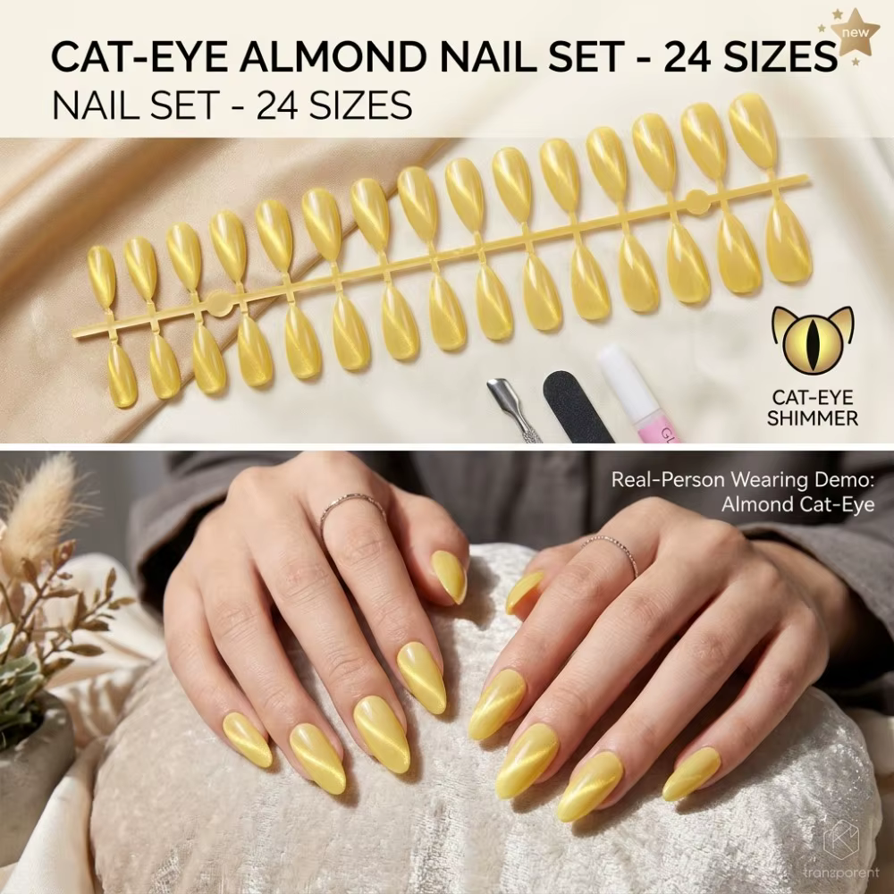 24 faux ongles premium vert émeraude effet œil de chat