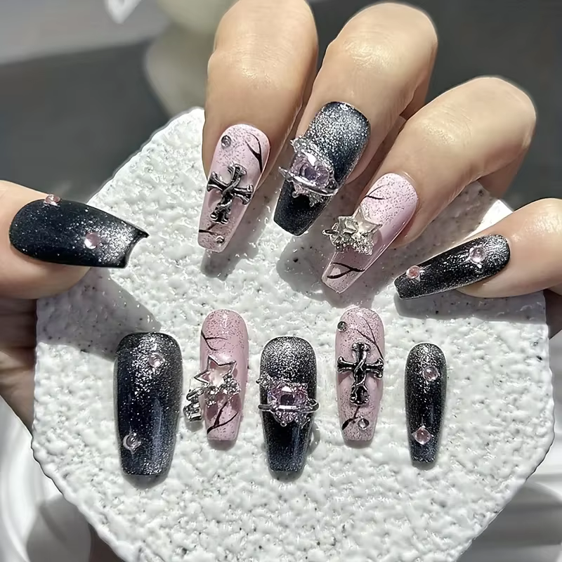 Ongles artificiels scintillants rose diamant