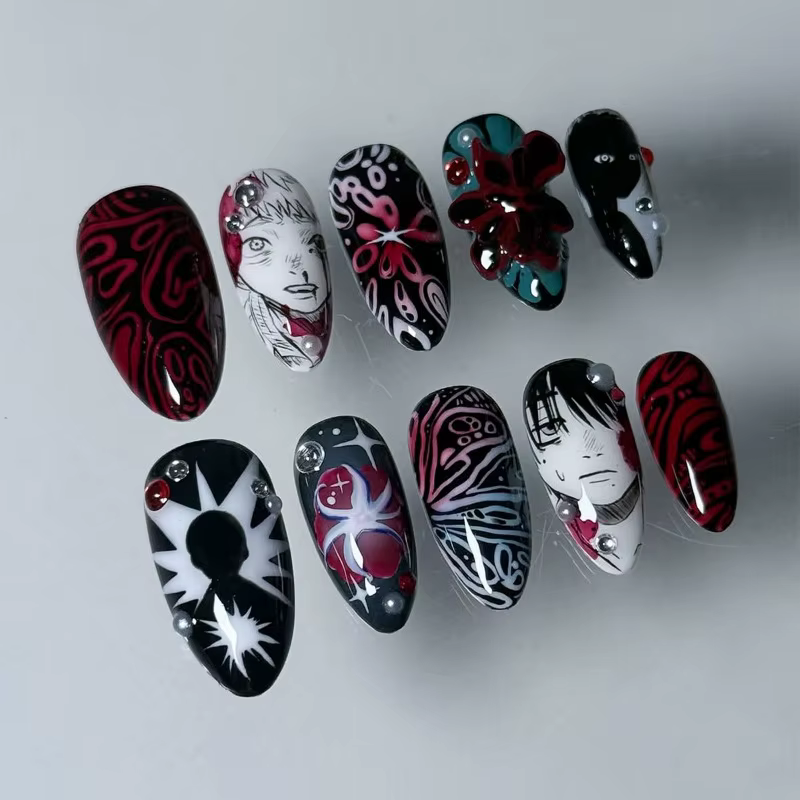 24 faux ongles amande style gothique et bande dessinée avec colle