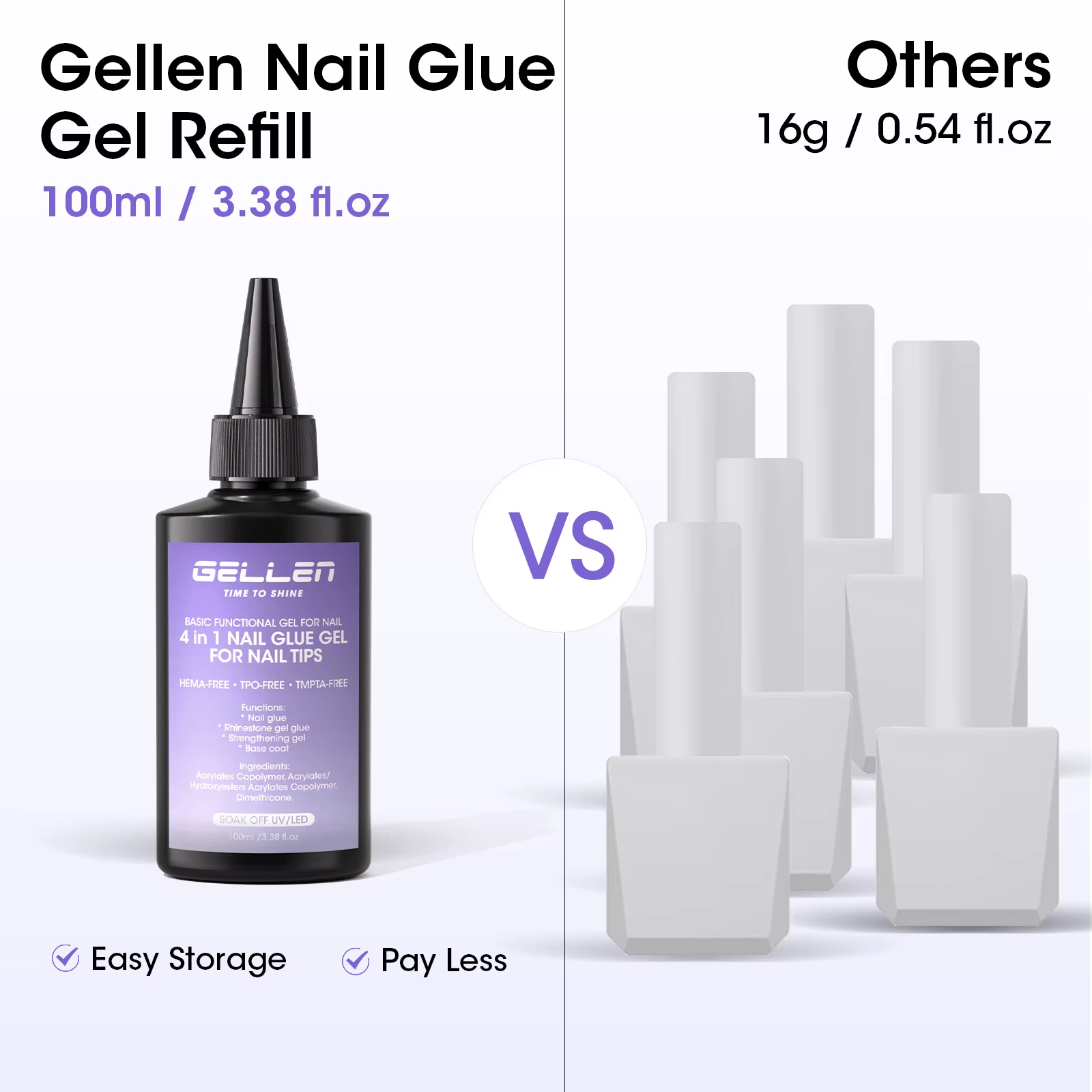 GELLEN Professionnel 4 en 1 Colle à ongles en gel 100ml Adhésif puissant durcissant aux UV pour extensions d'ongles Longue tenue Manucure DIY
