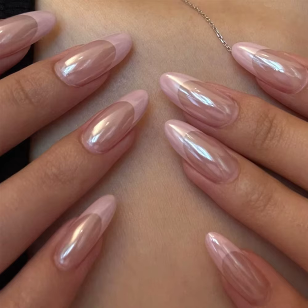Faux ongles amande bleu nacré effet aurore brillant, style été français, prêts à poser et détachables