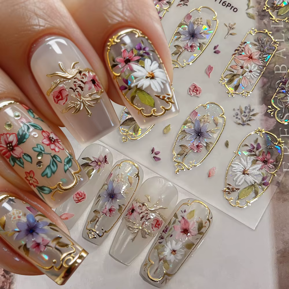 Autocollants pour ongles floraux bohèmes rétro en relief 5D à bordure dorée pour un nail art époustouflant