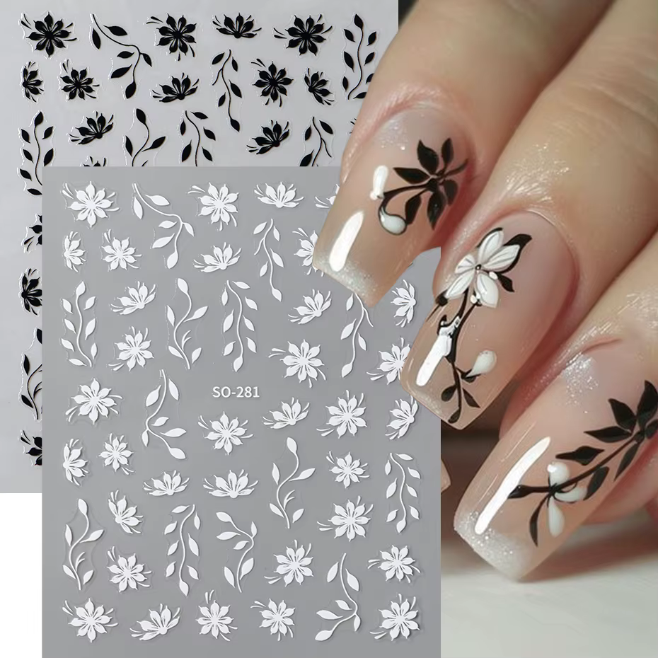 Autocollants pour ongles floraux – Décalcomanies 3D auto-adhésives à motif de fleurs et de feuilles pour Nail Art