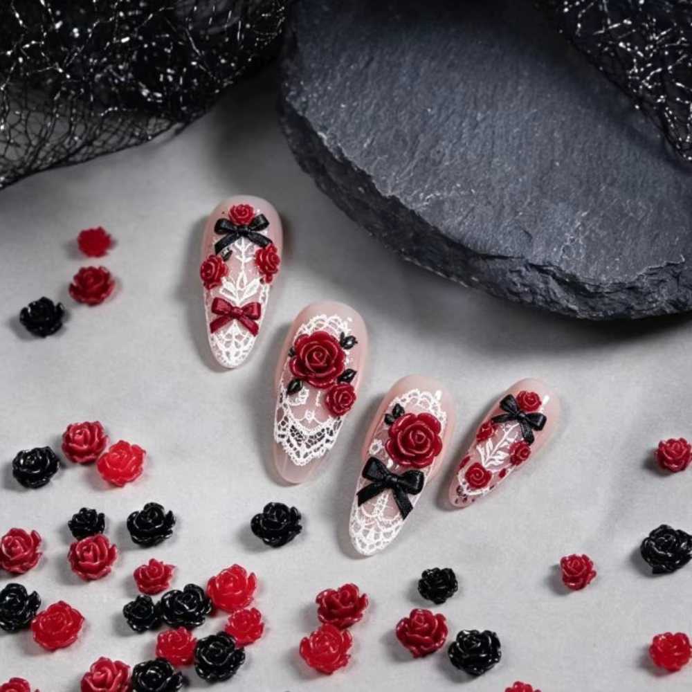 Accessoires pour ongles en forme de roses vintage, décorations de roses rouges et noires mélangées, fournitures pour ongles DIY, style Lolita sombre, punk, gothique.