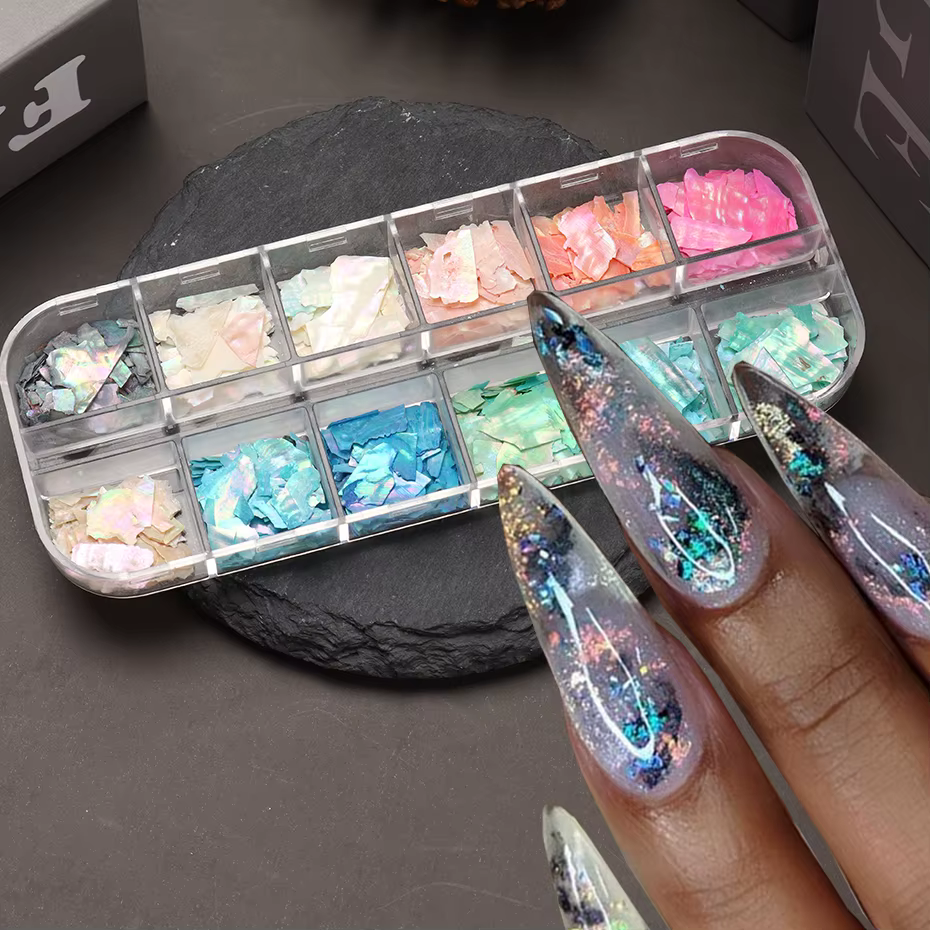 12 grilles irrégulières coquille d'ormeau Nail Art flocons naturel
