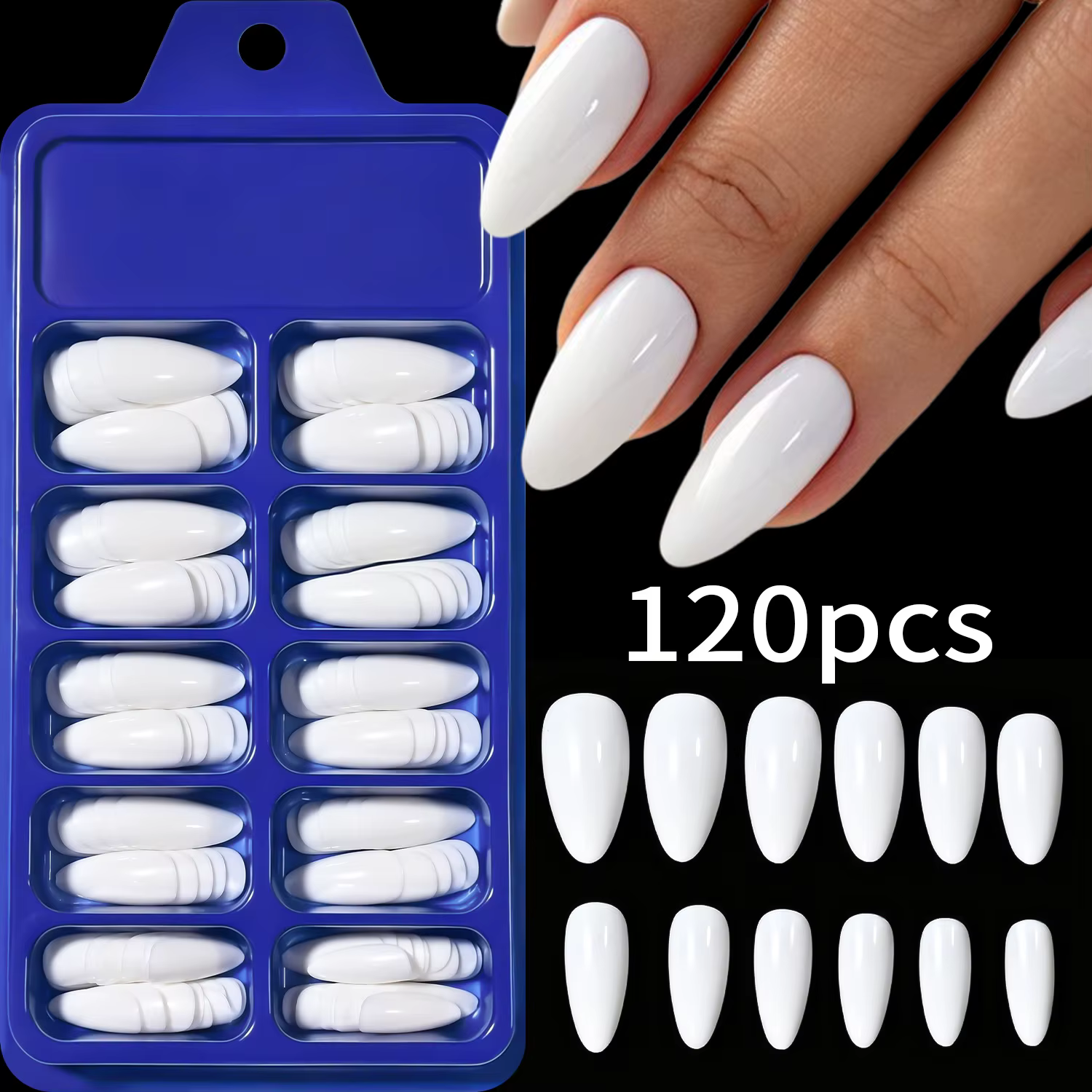 1 Boîte de 120 faux ongles brillants blanc laiteux en forme d'amande