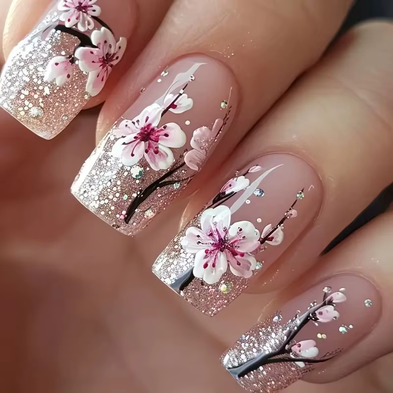 24 pièces/ensemble faux ongles mi-longs fleurs de dragon jaunes conception de plumes pour le printemps été pointes