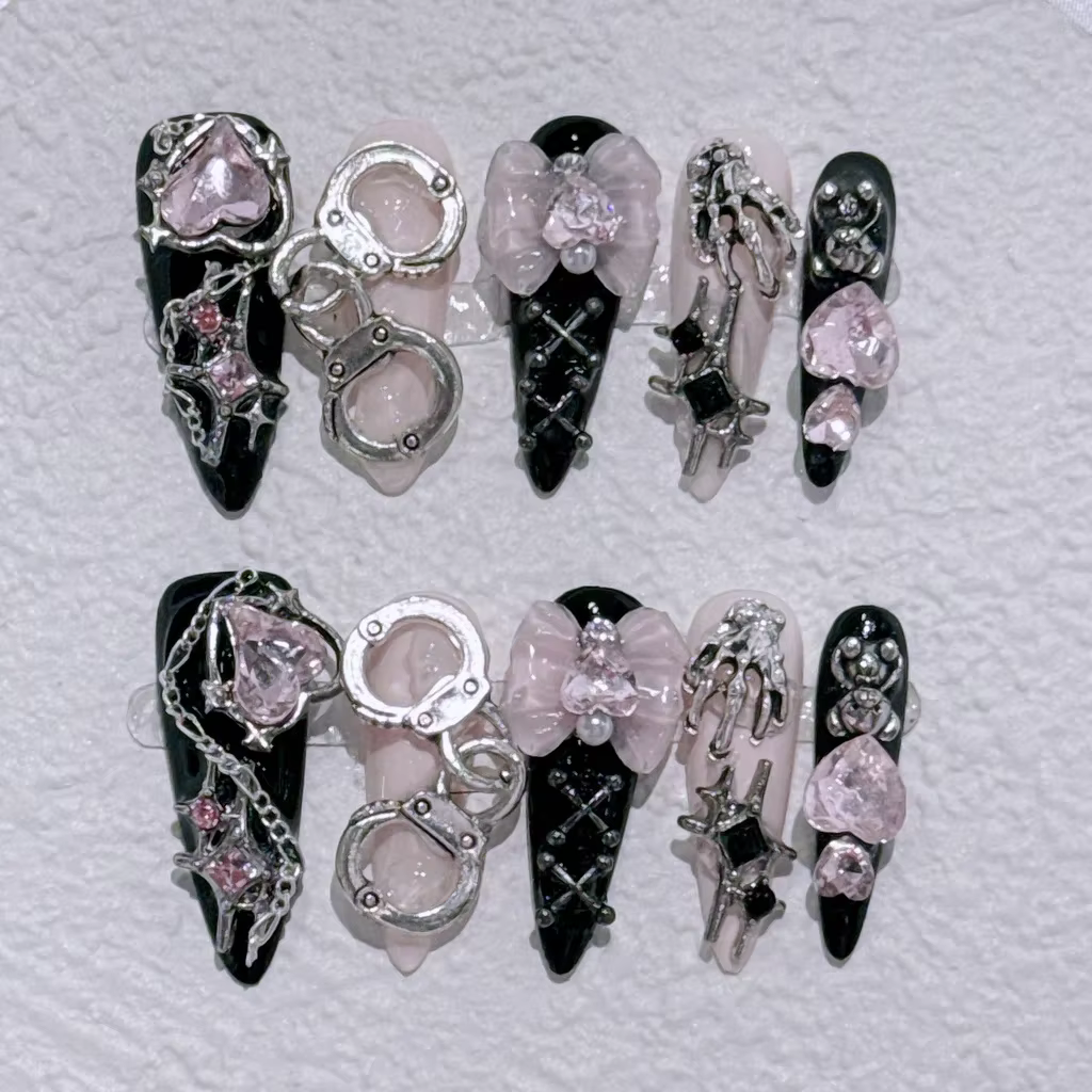 Shibuya Menhera Noir Rose Longue Pointe Faux Ongles Y2k Spice Girl Doux Cool