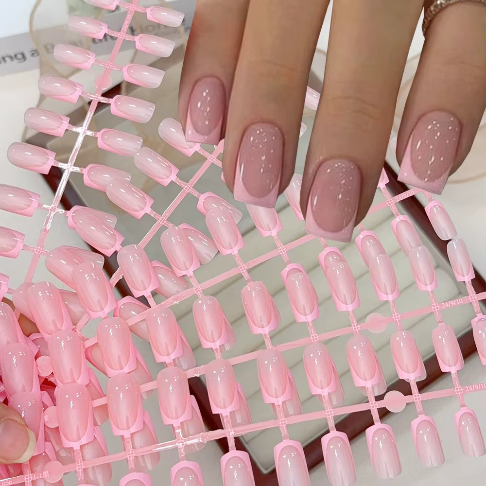 120 pièces court carré blanc français faux ongles conseils nu rose cercueil en forme brillant presse