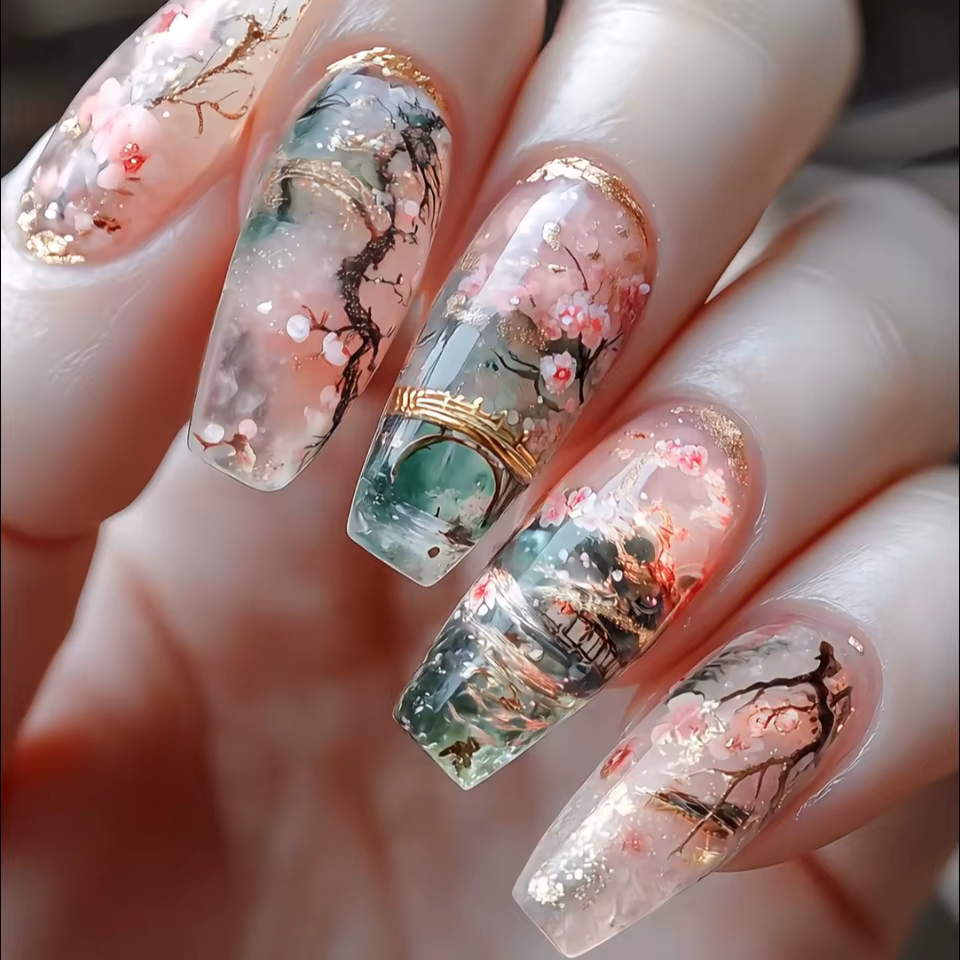24 pièces/ensemble faux ongles mi-longs fleurs de poisson de cygne pour la saison d'été dégradé amande pointes de