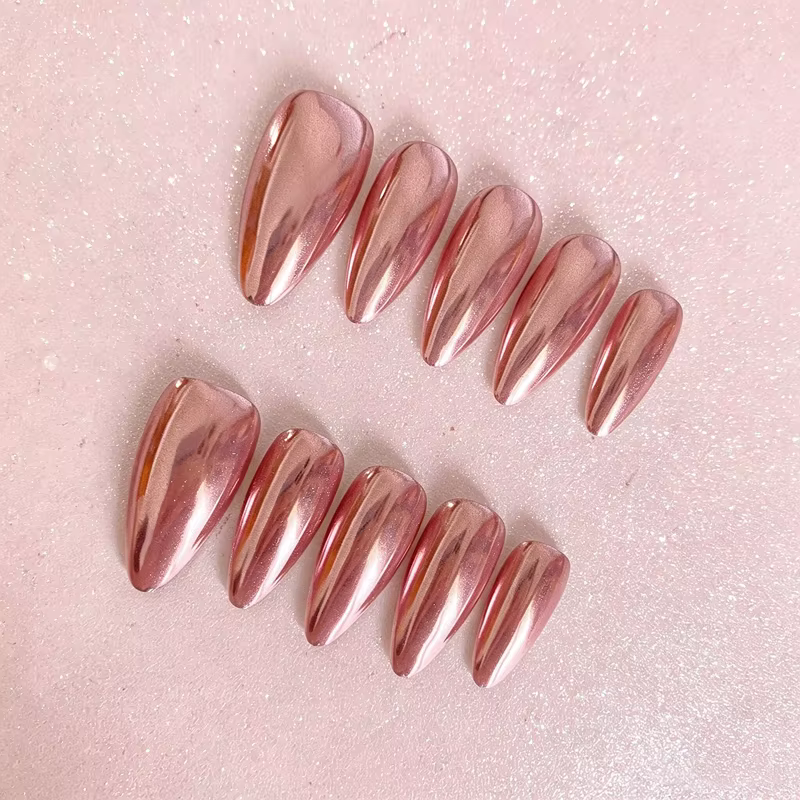 10 faux ongles press-on faits main en chrome or rose