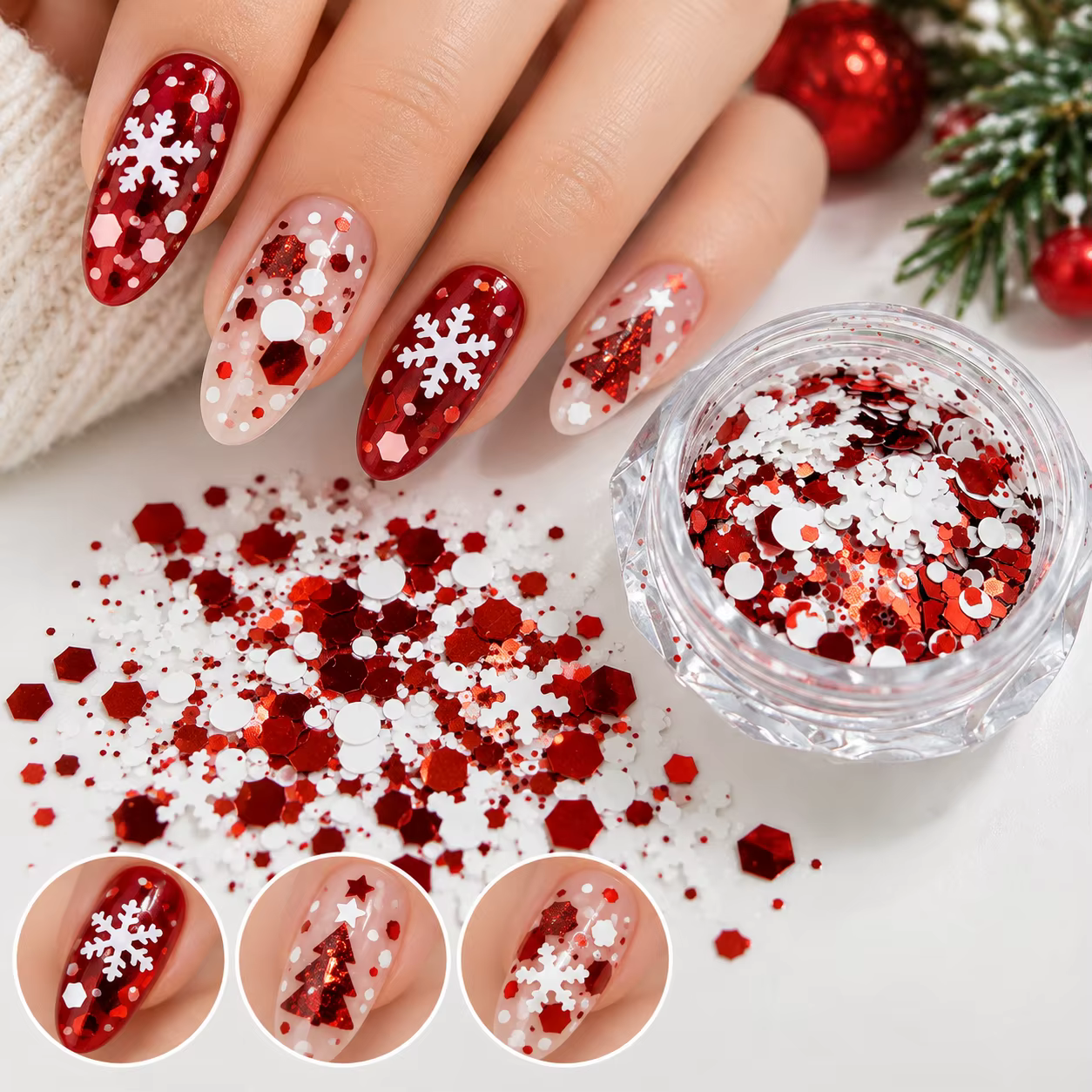 Décorations d'ongles de Noël : paillettes holographiques, confettis flocons de neige, décorations d'ongles de Noël vertes, flocons 3D pour vernis gel DIY