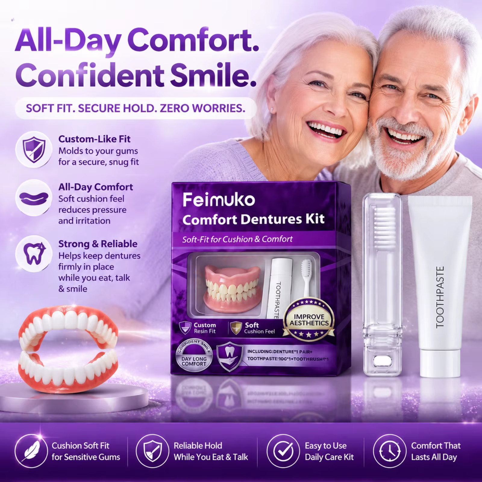 Kit de prothèses dentaires confortables, couvre-dents en résine souple, embellissement du sourire, avec dentifrice, brosse à dents, ensemble de soins quotidiens