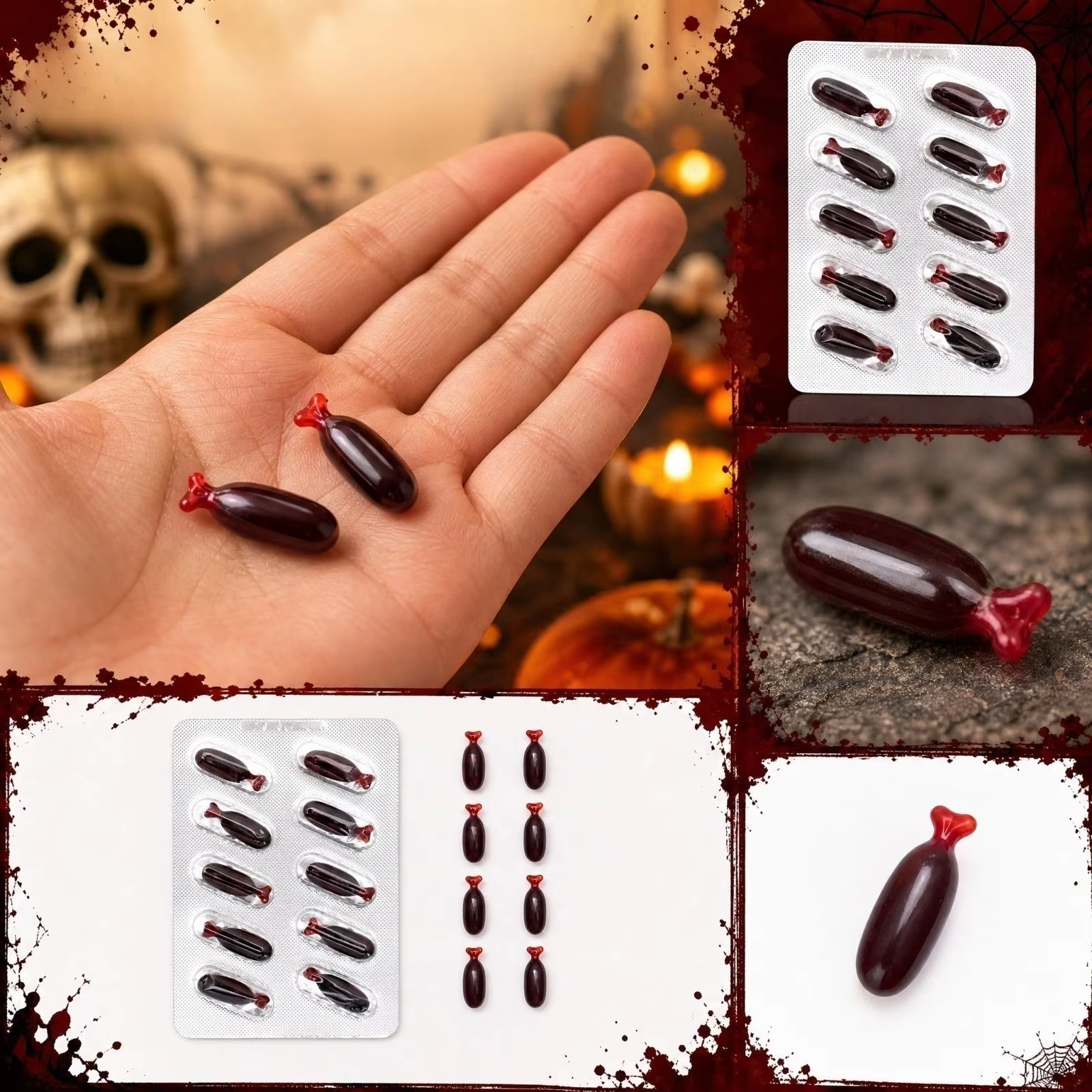 10 capsules de sang artificiel pour les farces, capsules de plasma factices pour les fêtes d'Halloween et accessoires de déguisement amusants, capsules de sang artificiel pour vampires