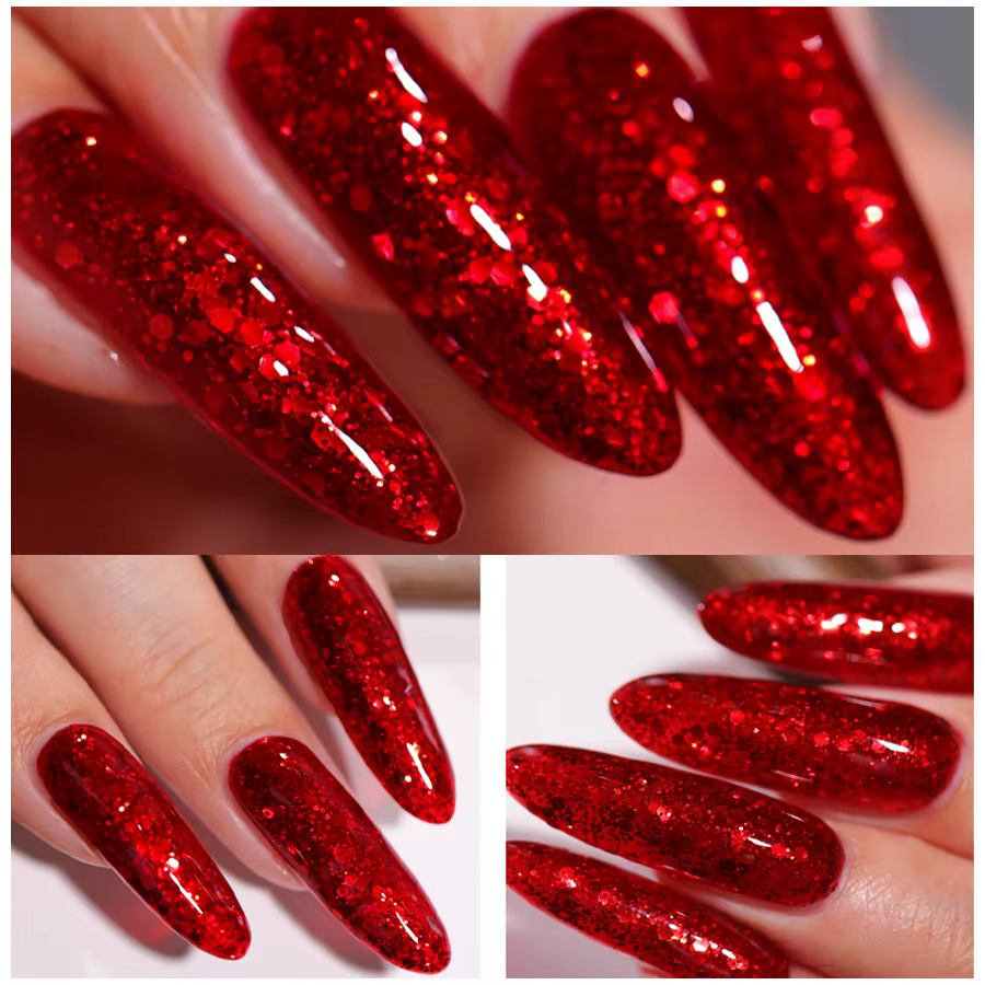 Vernis à ongles Semi-permanent de couleur rouge à paillettes