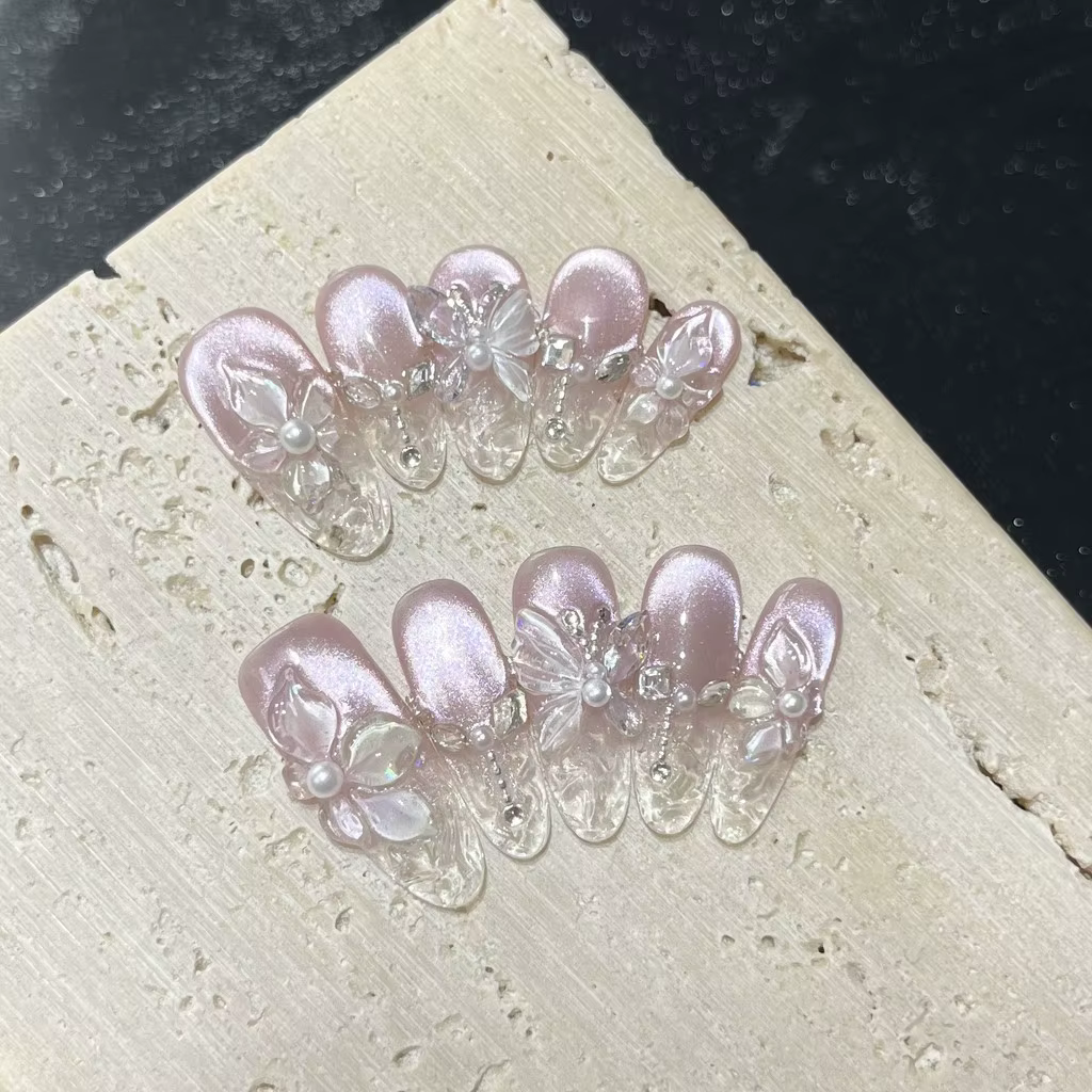 Faux ongles à presser faits main motif fleur de Bauhinia 3D printemps